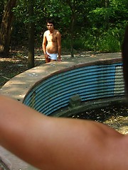 Well-built hunk luring a boy into outdoor oral sex