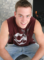 Naked frat boy Block shows his curved dick