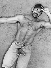 Hairy dad shooting in vintage scene