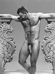 Hairy dad shooting in vintage scene