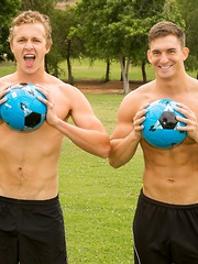 Hot jocks in workout shorts go home after a soccer game and fuck each other